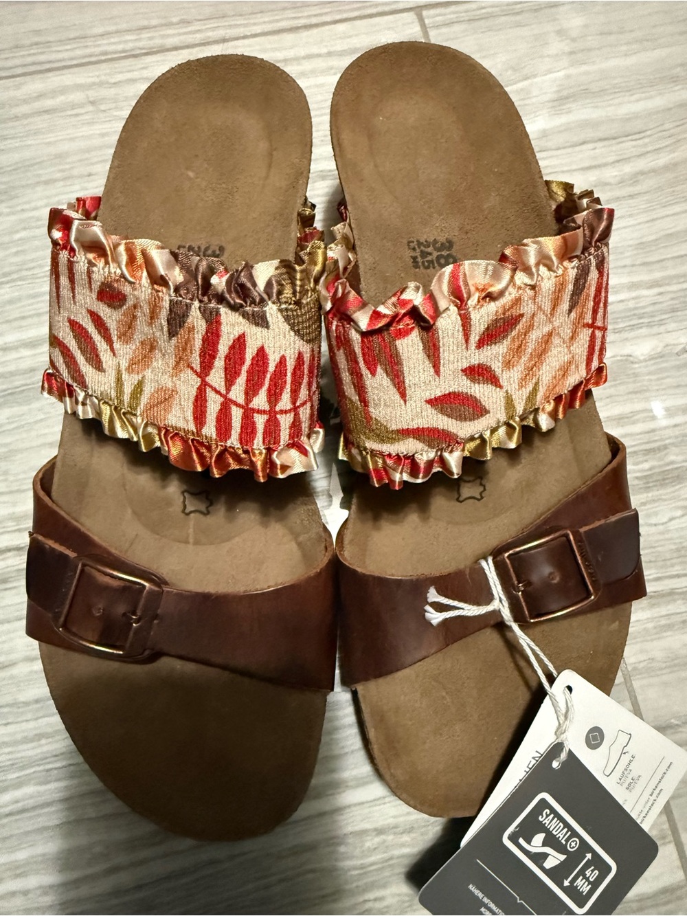 New Papillio Brown Leather Sandals with Multicolor Floral Ruffle Strap (size 38)